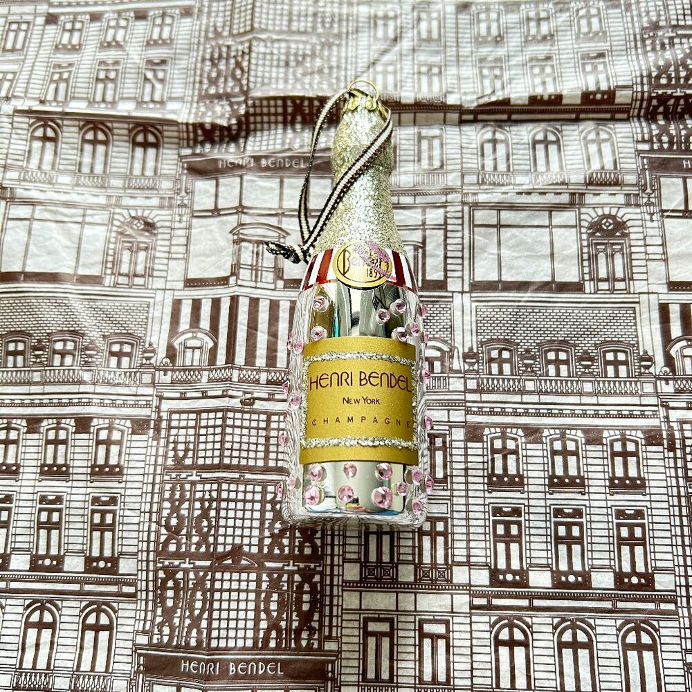 Henri Bendel Silver Champagne Bottle Glass Ornament - HTF